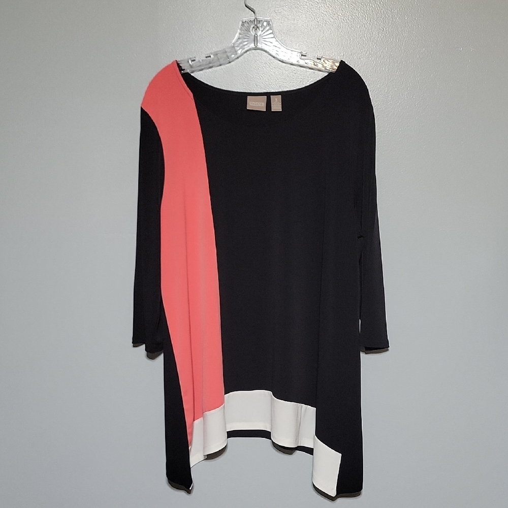 Chico's Black Tunic with Coral Stripe and White Shark Bite Hem 3/4 Sleeve Sz XL